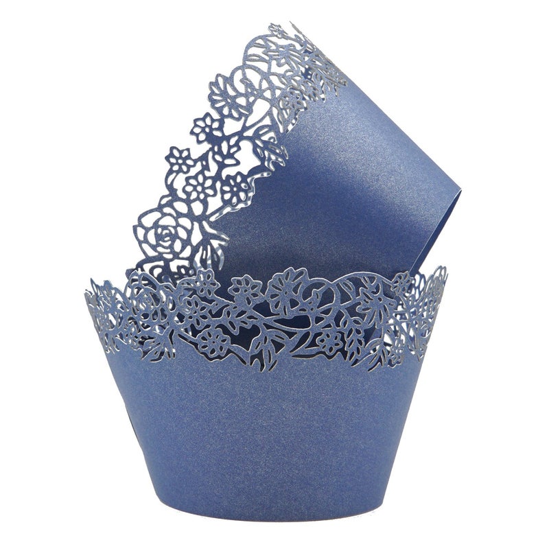 KPOSIYA Cupcake Wrappers Pack of 50 Blue Filigree Artistic Bake Cake Paper Cups Little Vine Lace Laser Cut Liner Baking Cup Muffin Case Trays for Wedding Party Birthday Decoration By KEIVA 
