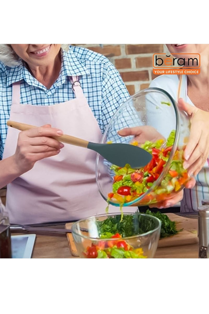 Beram Silicone  Salad Spoon Cooking Utensil with Wooden Handles Heat Resistant BPA Free Non-Stick Kitchen Tools Set for Cooking Mixing Serving & Tossing Salads-Grey (Single Salad Spoon) - Image 3