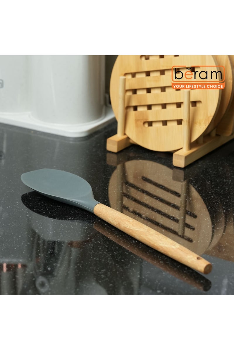 Beram Silicone  Salad Spoon Cooking Utensil with Wooden Handles Heat Resistant BPA Free Non-Stick Kitchen Tools Set for Cooking Mixing Serving & Tossing Salads-Grey (Single Salad Spoon) - Image 4