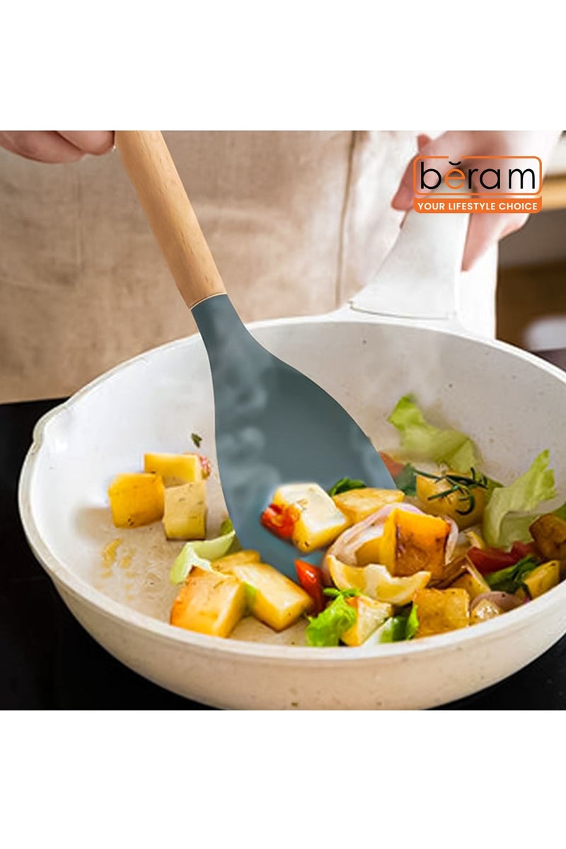 Beram Silicone  Salad Spoon Cooking Utensil with Wooden Handles Heat Resistant BPA Free Non-Stick Kitchen Tools Set for Cooking Mixing Serving & Tossing Salads-Grey (Single Salad Spoon) - Image 5