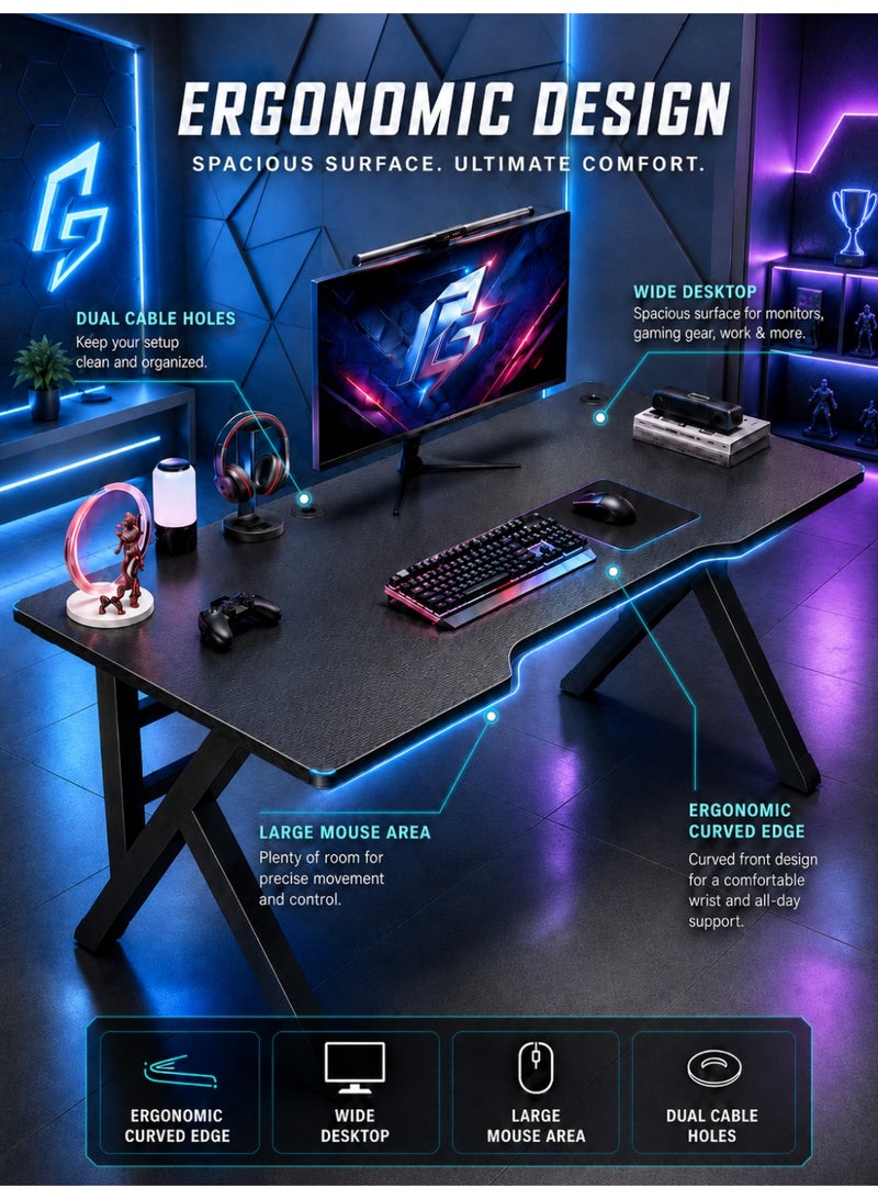 OHAHO Large Gaming Desk, Black PC Computer Desk, Ergonomic Home Office Desk Gaming Table Workstation for Gift Idea, (Black, 100x60x75cm) - Image 3