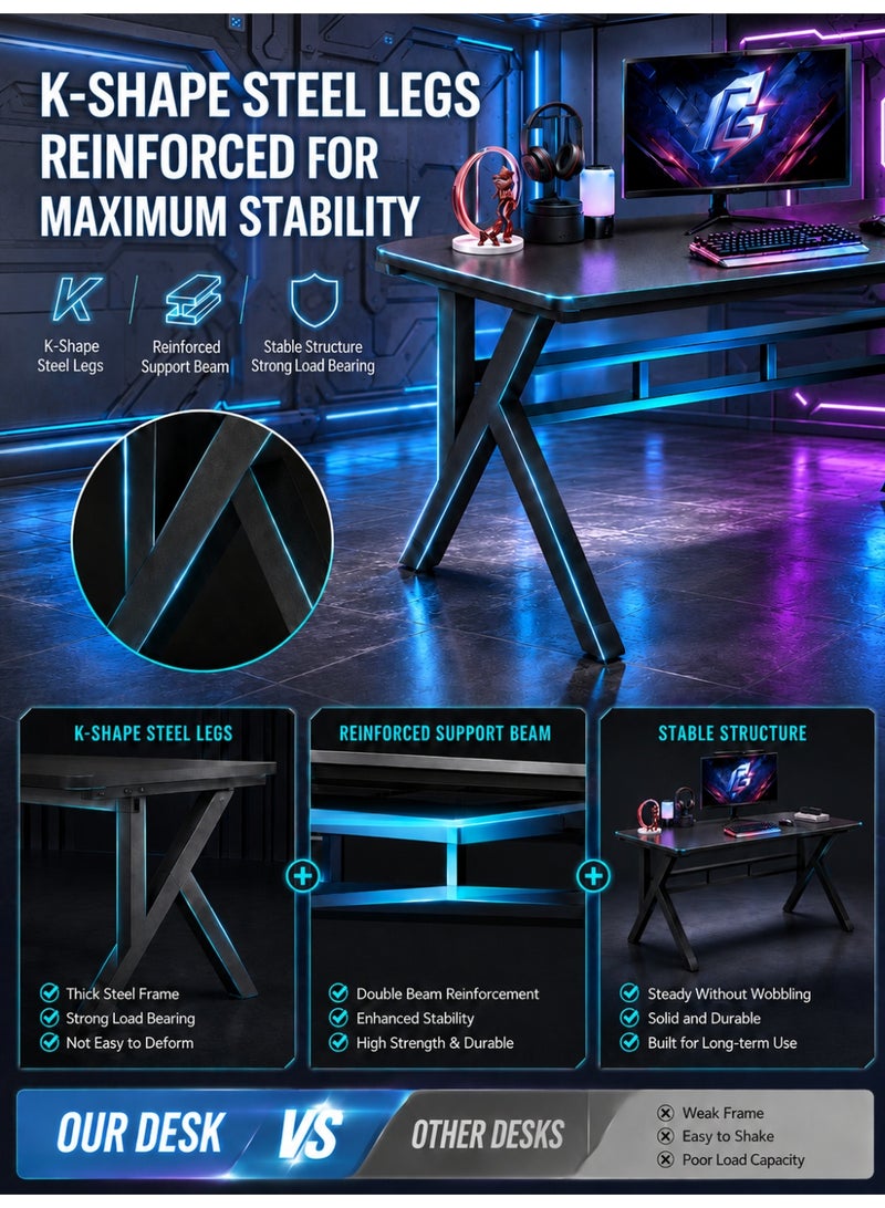 OHAHO Large Gaming Desk, Black PC Computer Desk, Ergonomic Home Office Desk Gaming Table Workstation for Gift Idea, (Black, 100x60x75cm) - Image 4