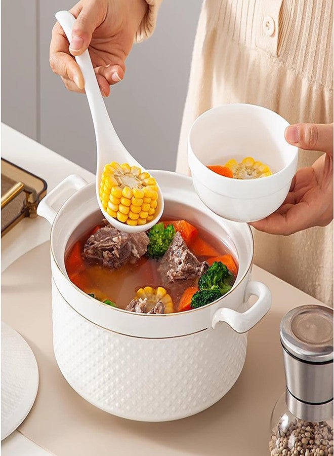 وعاء شوربة أبيض من لاميم بتصميم ذهبي، وعاء تقديم شوربة بمقبضين مع غطاء وملعقة، مصنوع من الخزف الصيني الفاخر، سعة 1.5 لتر - Image 2