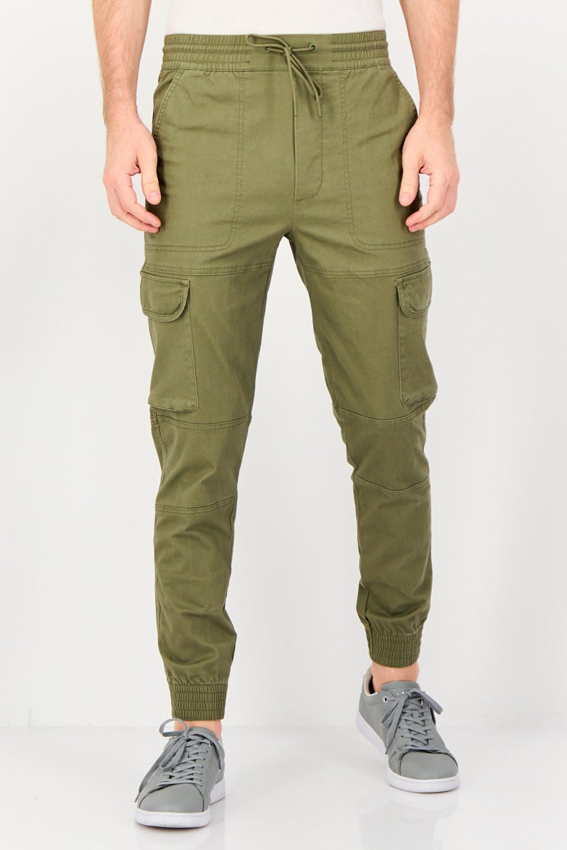 DKNY Men Regular Fit Solid Cargo Pants, Olive - Image 1