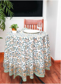 OJARIYA Hand Block Printed Pure Cotton Table Cover Round Multicoloured (L- 65 Inches X W- 65 Inches)  - Image 1
