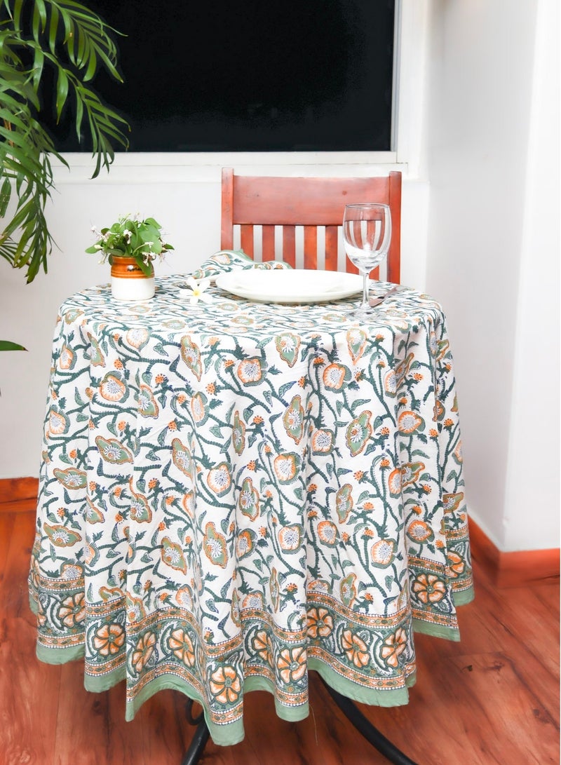 OJARIYA Hand Block Printed Pure Cotton Table Cover Round Multicoloured (L- 65 Inches X W- 65 Inches) - Image 1