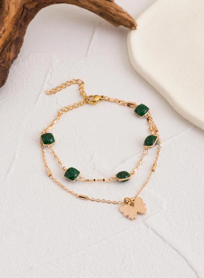تايك تو Gold Tone Green Gem and Butterfly Multistrand Bracelet