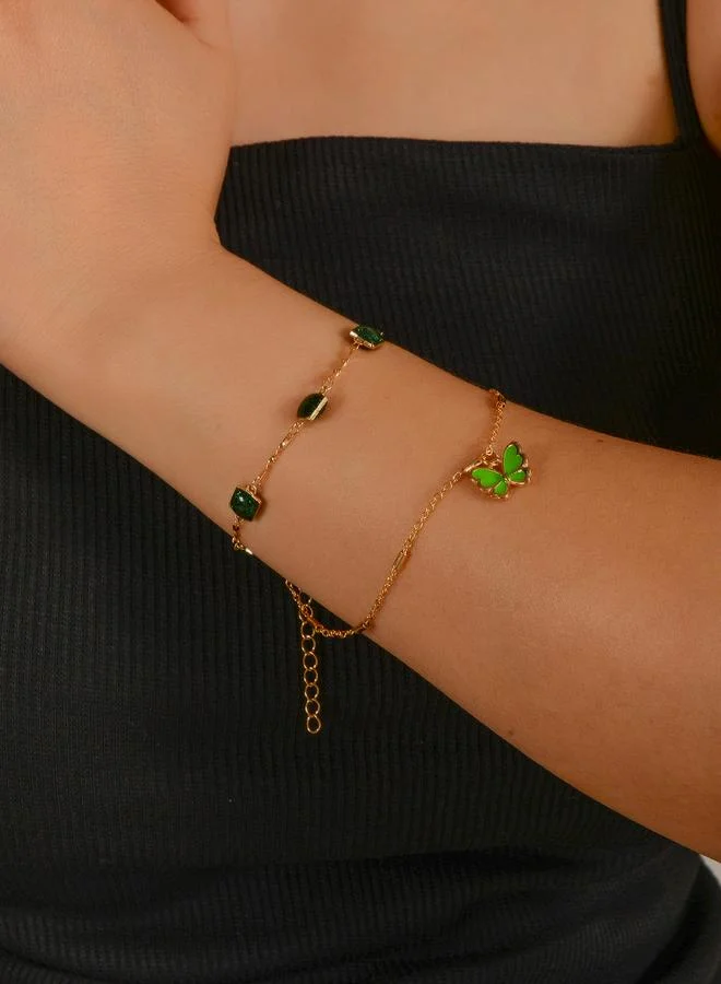 تايك تو Gold Tone Green Gem and Butterfly Multistrand Bracelet