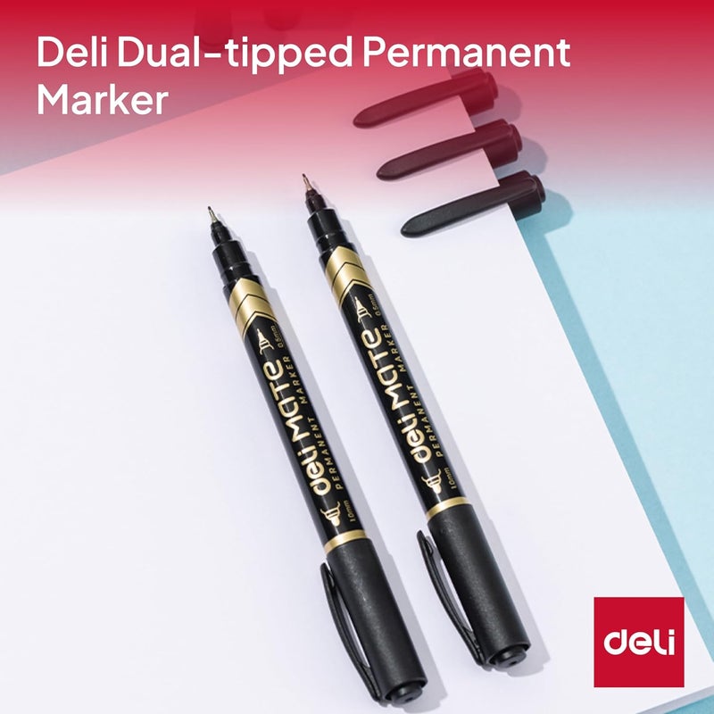 Deli Permanent Marker Double Tips, 12 Pieces, Black - Image 2