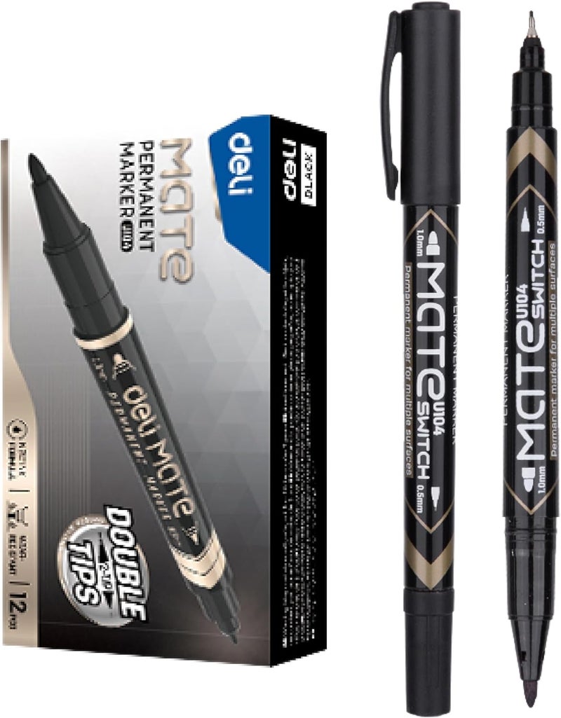 Deli Permanent Marker Double Tips, 12 Pieces, Black - Image 1
