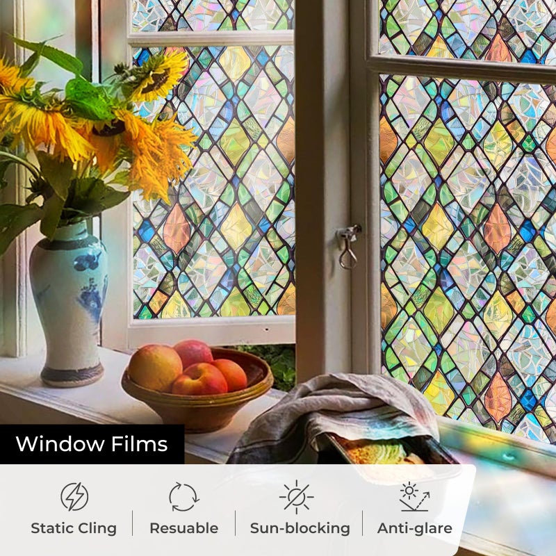 ADD.HERES Window Privacy Film, Stained Glass Decorative Static Cling, Removable Laser Sun Blocking Vinyl Covering,Window Film for Home Kitchen Living Room, Rainbow Crystal Shards, 17.3 x 78.7in - Image 2