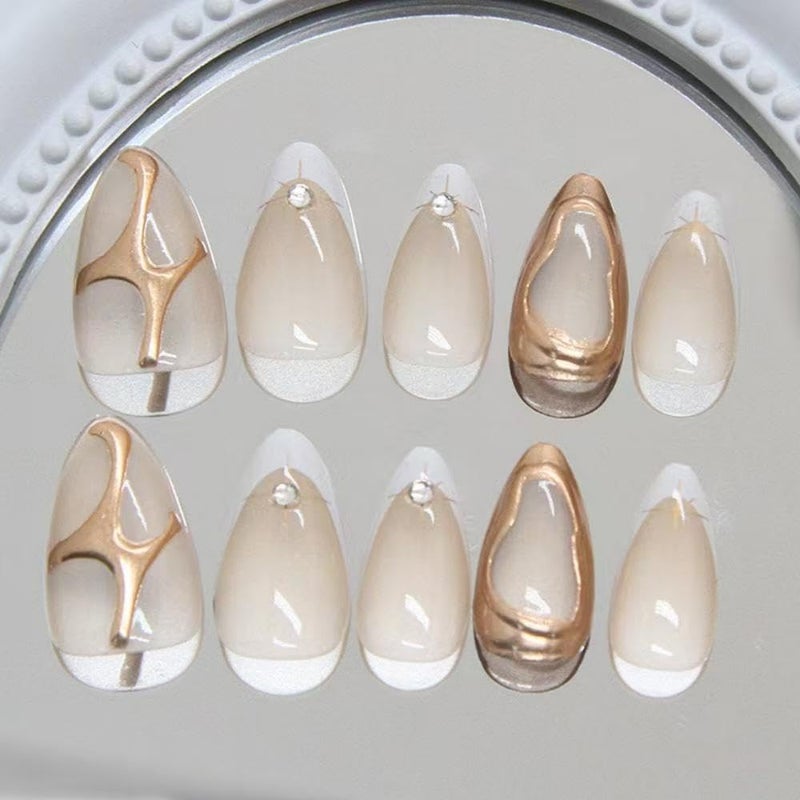 NBNTGH White French Tip Press on Nails Star Fake Nails with 3D Gold Design Nude Glue on Nails Glossy Artificial Acrylic Full Cover Rhinestone Stick on Nails Short Almond False Nails for Women Manicure - Image 2