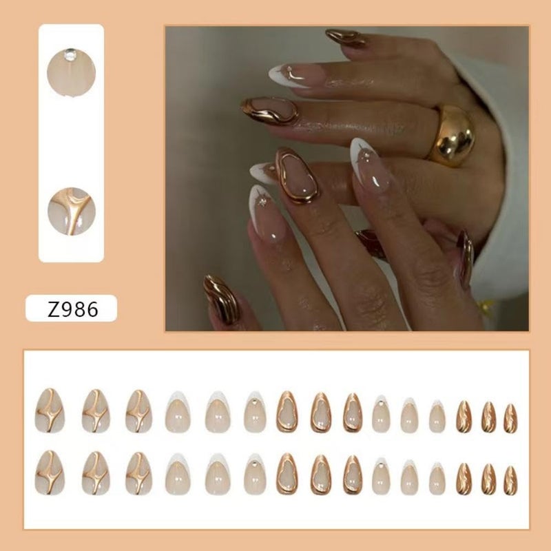 NBNTGH White French Tip Press on Nails Star Fake Nails with 3D Gold Design Nude Glue on Nails Glossy Artificial Acrylic Full Cover Rhinestone Stick on Nails Short Almond False Nails for Women Manicure - Image 4