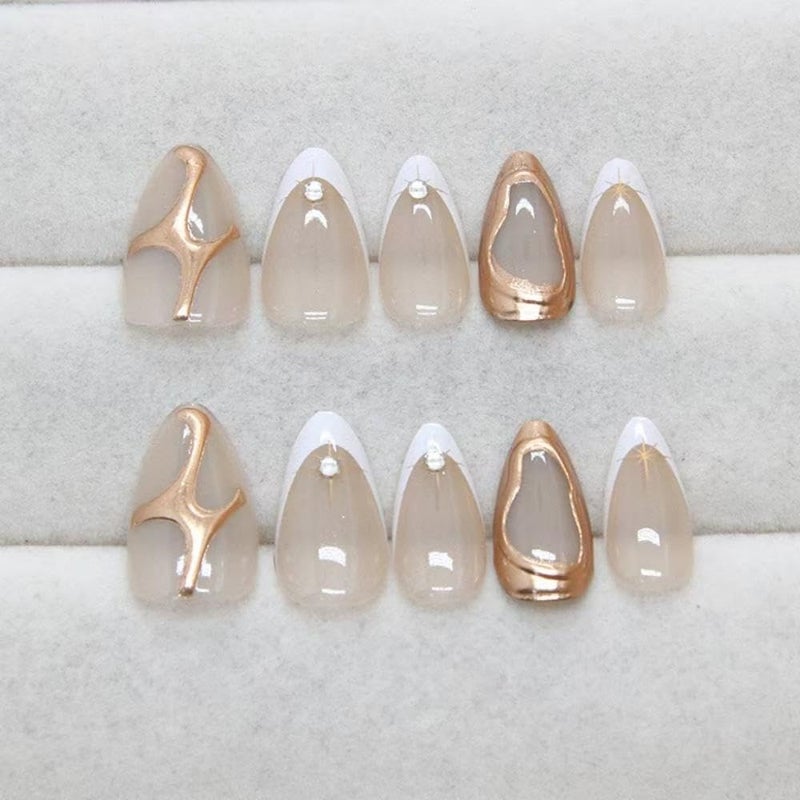 NBNTGH White French Tip Press on Nails Star Fake Nails with 3D Gold Design Nude Glue on Nails Glossy Artificial Acrylic Full Cover Rhinestone Stick on Nails Short Almond False Nails for Women Manicure - Image 5