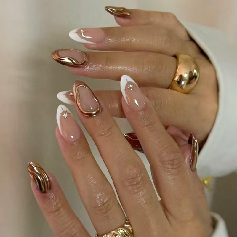 NBNTGH White French Tip Press on Nails Star Fake Nails with 3D Gold Design Nude Glue on Nails Glossy Artificial Acrylic Full Cover Rhinestone Stick on Nails Short Almond False Nails for Women Manicure - Image 1