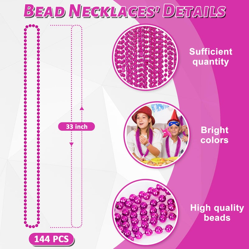 EOBOH 144PCS Bead Necklace, Mardi Gras Pink Bead Necklace Party Favors, Metallic 33" Mardi Gras Round Beaded Necklace Stuff, Festival Parade Throw Accessories for Wedding Gender Reveal Party Supplies Decor - Image 2