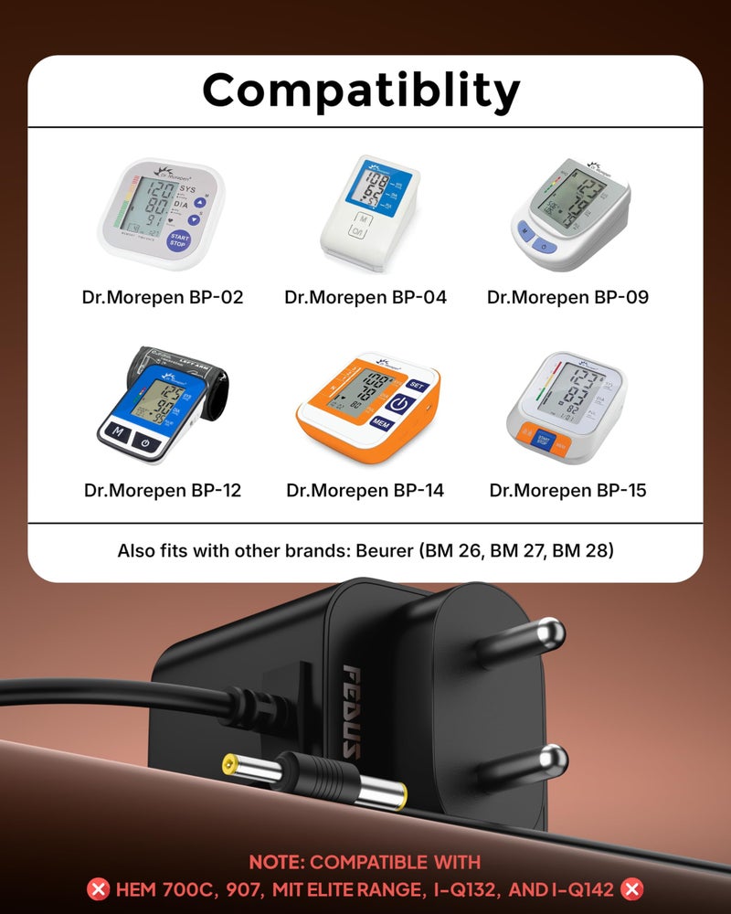 FEDUS PulseGuard6 MPro 6V Adapter for Dr. Morepen BP Monitor Machine (Fits BP-02, BP-09, BP-12, BP-14), BIS Certified Power Supply, 10ft Extra Long Cord, Universal Dual-Pin Charger (4.0mm & 5.5mm) - Image 3