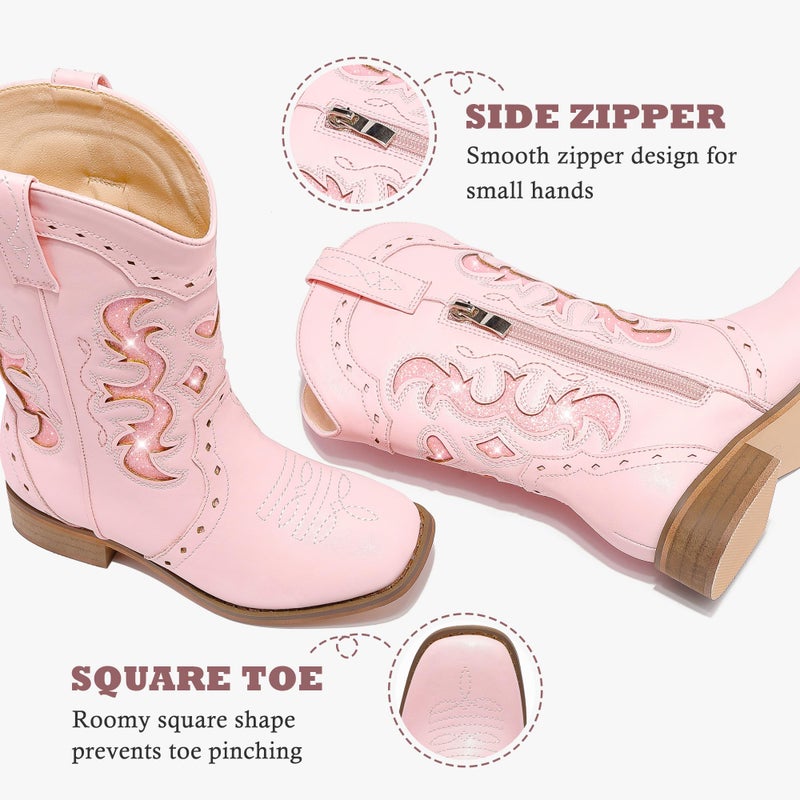 LAURMOSA Girls Cowboy Boots for Kids Western Cowgirl Dress Boots Pink Size 1 Square Toe Little Girls Horse Riding Shoes Zipper with Heel Embroidered Dance Cowboy Party(L1050Pink 1) - Image 4
