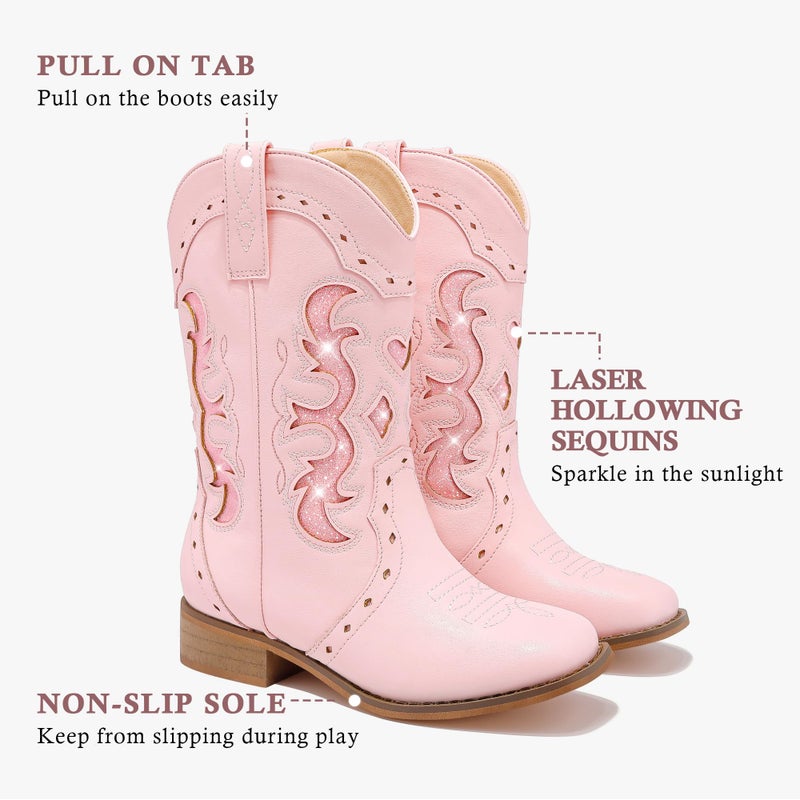 LAURMOSA Girls Cowboy Boots for Kids Western Cowgirl Dress Boots Pink Size 1 Square Toe Little Girls Horse Riding Shoes Zipper with Heel Embroidered Dance Cowboy Party(L1050Pink 1) - Image 5