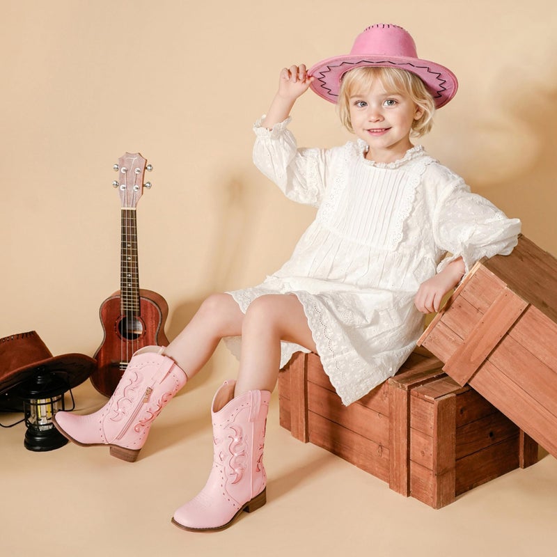 LAURMOSA Girls Cowboy Boots for Kids Western Cowgirl Dress Boots Pink Size 1 Square Toe Little Girls Horse Riding Shoes Zipper with Heel Embroidered Dance Cowboy Party(L1050Pink 1) - Image 3