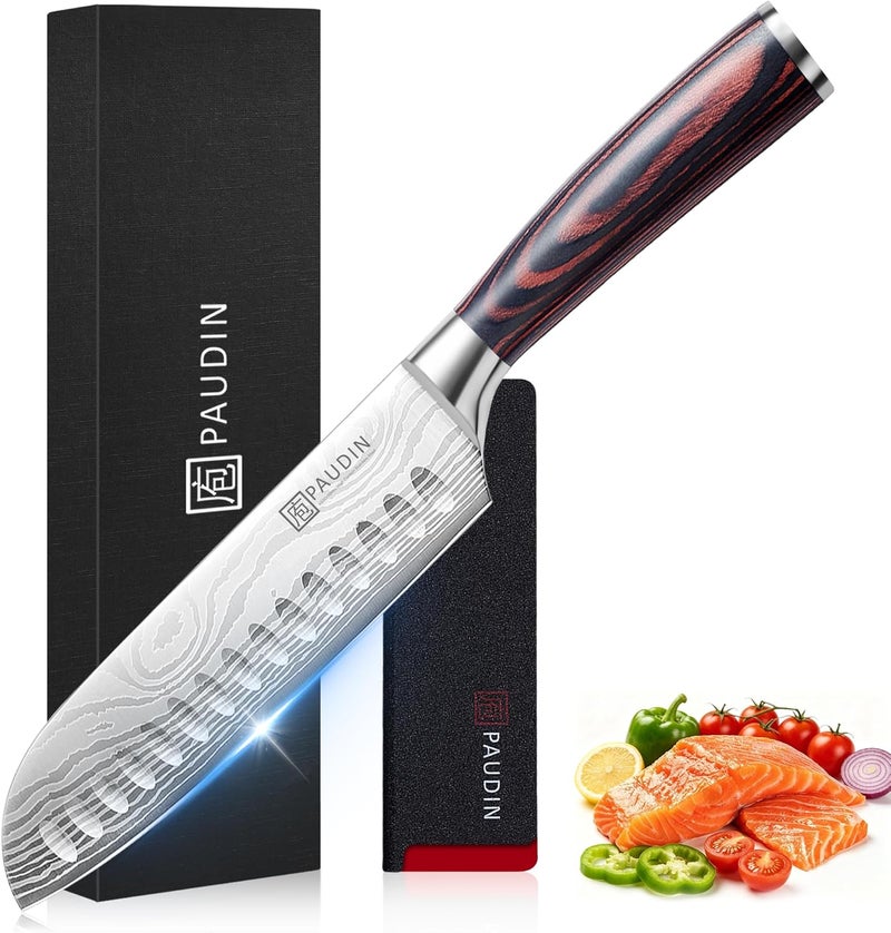 PAUDIN (N5 Santoku Knife 18cm) - Classic 18cm Hollow Ground Santoku Knife, German High Carbon Stainless Steel Kitchen Knife - Image 1