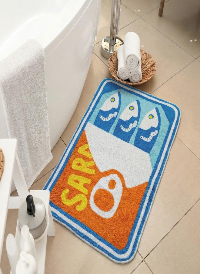Tinideya Sardine Can Bath Mat, Tufted Rugs for Bathroom Bedroom Soft Washable Rug Non-Slip Cute Kitchen Bath Mats with Funny Cartoon Fish (Blue and Yellow) - Image 1