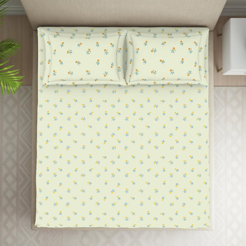SPACES 100% Cotton Double Fitted Bedsheet with 2 Pillow Covers (Size 60 X 78 Inches) | 144 TC Fitted Sheet for Double Bed | Breathable Pure Cotton Queen Size Bedsheet | SS24 | Floral Design Cream - Image 3