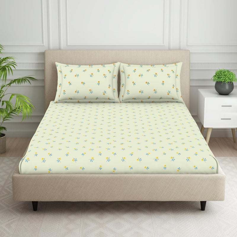 SPACES 100% Cotton Double Fitted Bedsheet with 2 Pillow Covers (Size 60 X 78 Inches) | 144 TC Fitted Sheet for Double Bed | Breathable Pure Cotton Queen Size Bedsheet | SS24 | Floral Design Cream - Image 1