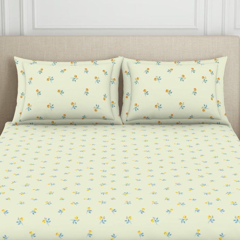 SPACES 100% Cotton Double Fitted Bedsheet with 2 Pillow Covers (Size 60 X 78 Inches) | 144 TC Fitted Sheet for Double Bed | Breathable Pure Cotton Queen Size Bedsheet | SS24 | Floral Design Cream - Image 4