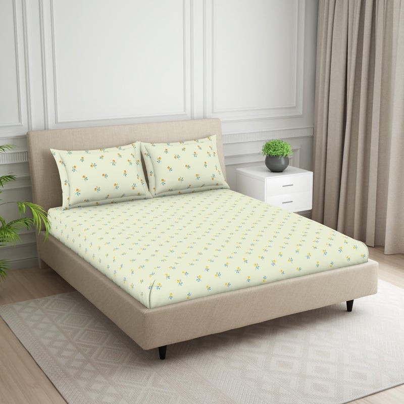 SPACES 100% Cotton Double Fitted Bedsheet with 2 Pillow Covers (Size 60 X 78 Inches) | 144 TC Fitted Sheet for Double Bed | Breathable Pure Cotton Queen Size Bedsheet | SS24 | Floral Design Cream - Image 2