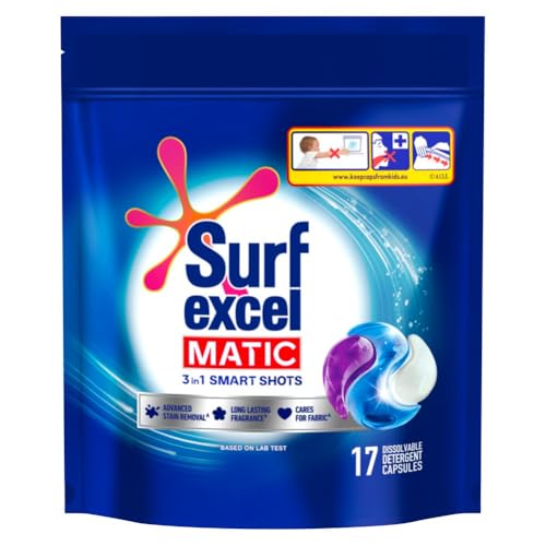 Surf Excel Matic 3 in 1 Smart Shots 17 pcs|| Laundry Detergent Pods for Tough Stain Removal in Front Load & Top Load Washing Machines|| Fragrance + Care - Image 1