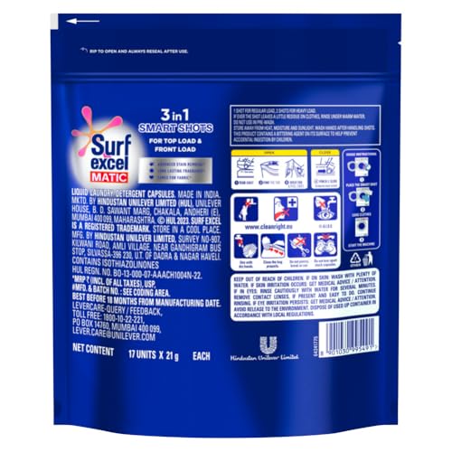 Surf Excel Matic 3 in 1 Smart Shots 17 pcs|| Laundry Detergent Pods for Tough Stain Removal in Front Load & Top Load Washing Machines|| Fragrance + Care - Image 2