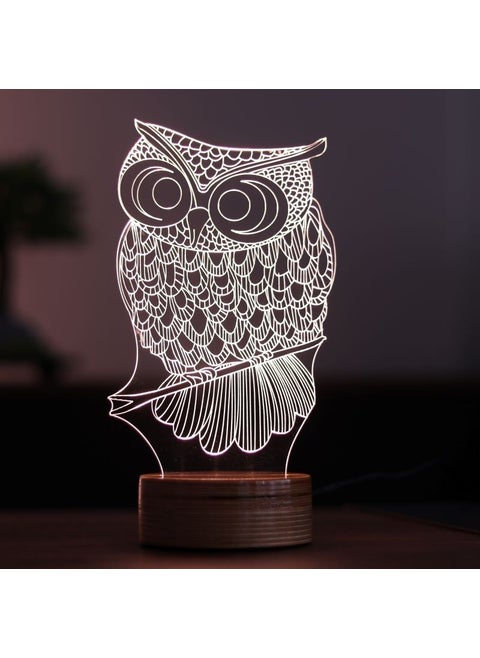 Owl Table Lamp Wooden Base 7 Different Light Colors