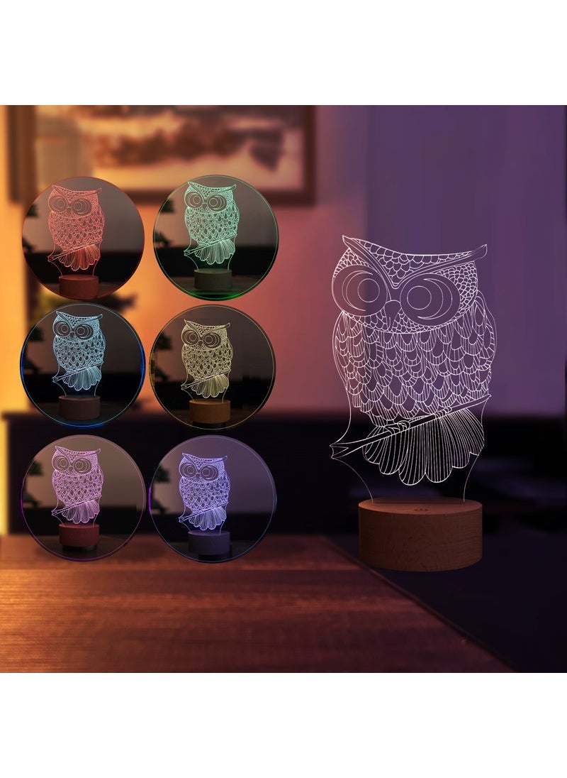 Owl Table Lamp Wooden Base 7 Different Light Colors