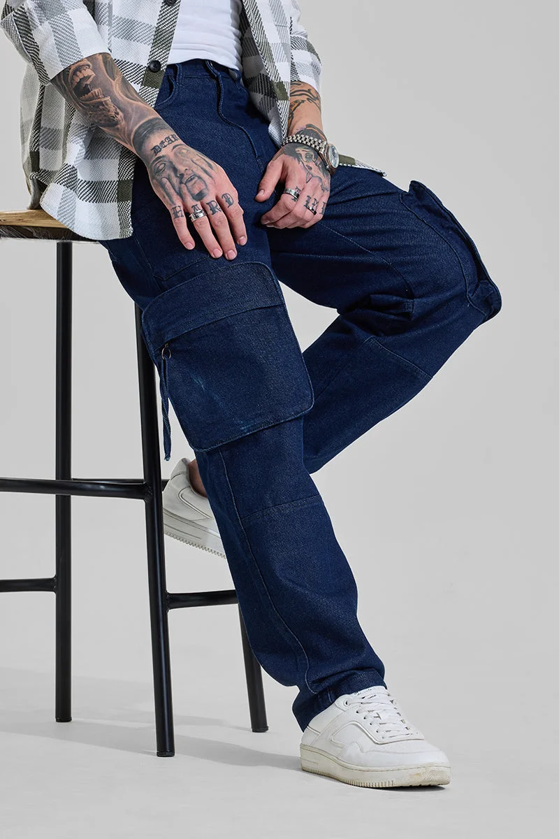 SNITCH Navy Navy Mid Rise Baggy Fit Cargo Jeans for Men | Best Price UAE