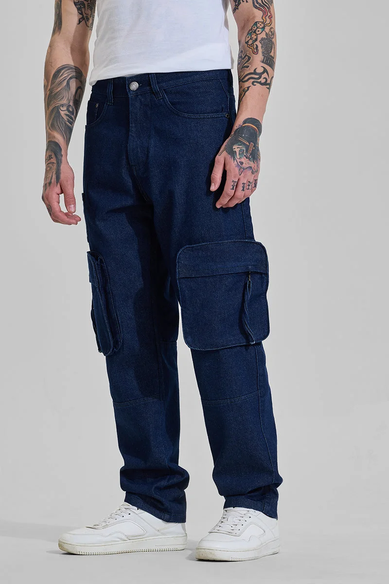 SNITCH Navy Navy Mid Rise Baggy Fit Cargo Jeans for Men | Best Price UAE