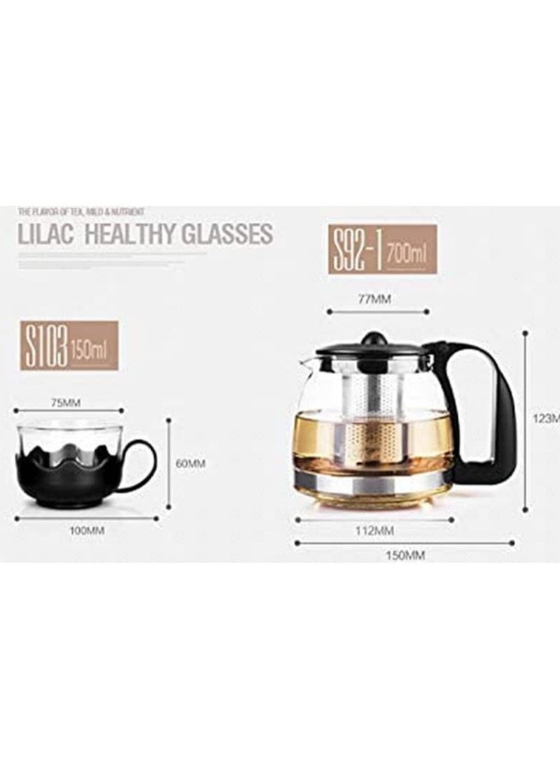 Generic - 5 Piece Glass Tea Set, 1 Teapot and 4 Cups, Teapot with Filter, for Home and Office for Scented Tea and Other Beverages - 5 Piece Pyrex Serving Set - Inner Filter Teapot - 4 Tea Cups - 5 Piece Pyrex Serving Set Inner Filter Teapot - 4 Tea Cups - Tea Serving Set Consists of 700ml Glass Teapot 4 Glass Cups - Glass Thermal Teapot with 4 Cups, Clear - Image 1