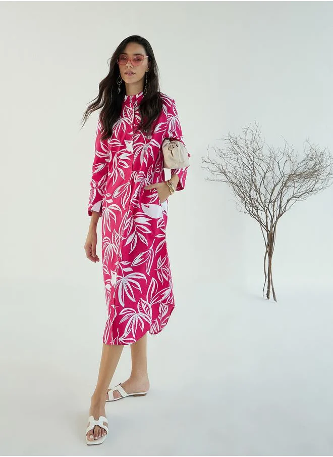 SASSAFRAS Floral Print Shirt Midi Dress with Side Pocket