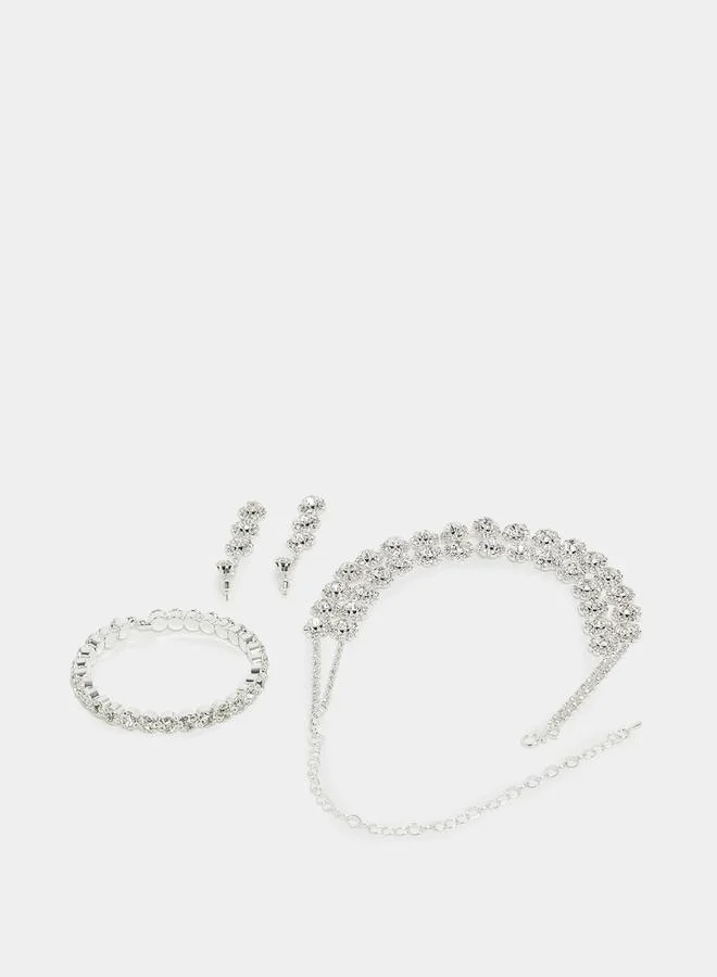 Styli Embellished Faux Crystal Earrings, Bracelet & Necklace Jewelry Set