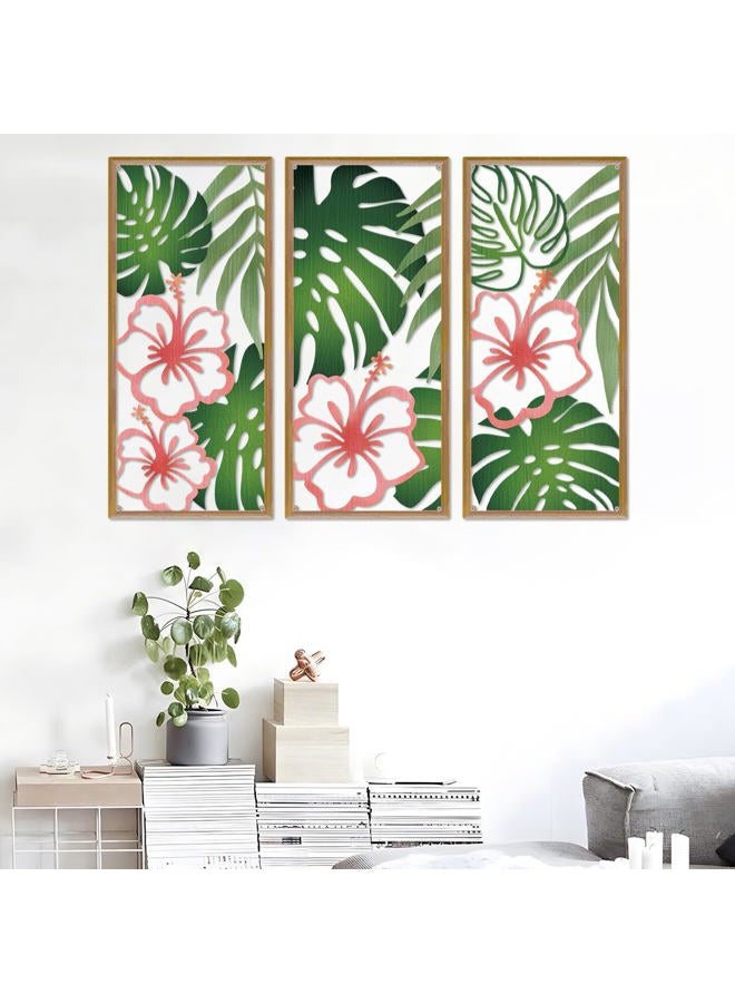 Resama Palm Leaves Metal Wall Decor 3 Pcs Tropical Wall Art Minimalist Hibiscus Flowers Decor Vintage Tropical Plant Wall Sculpture for Living Room Bedroom Bathroom Office (Classic Style,Colorful) - Image 2