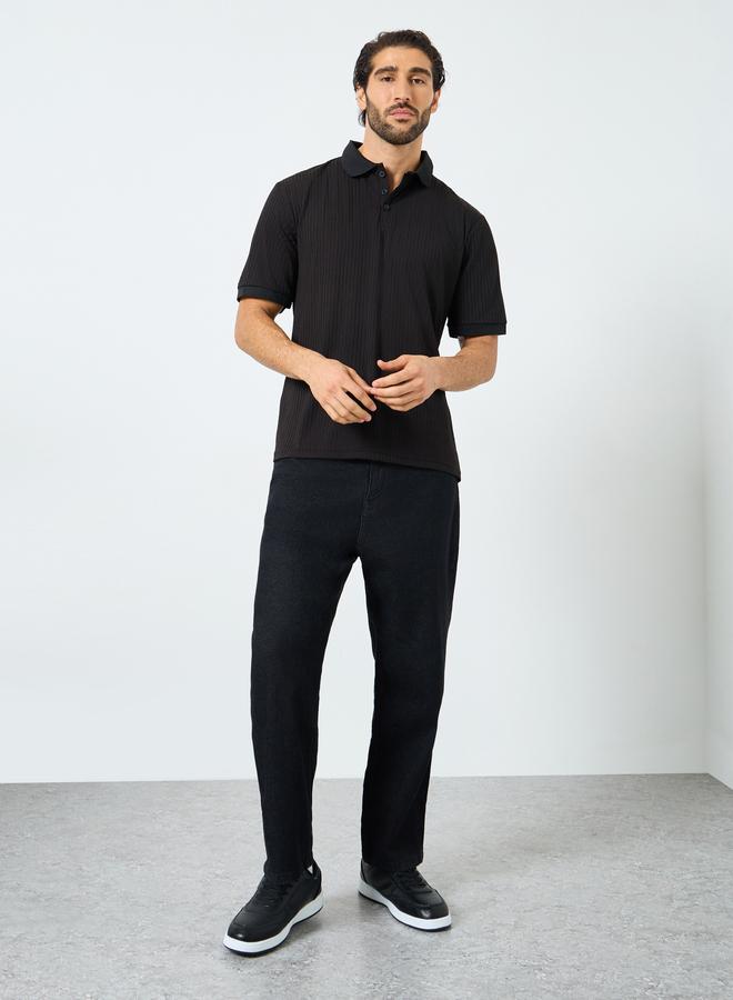 Styli Black Solid Regular Fit Polo T-Shirt - Image 2