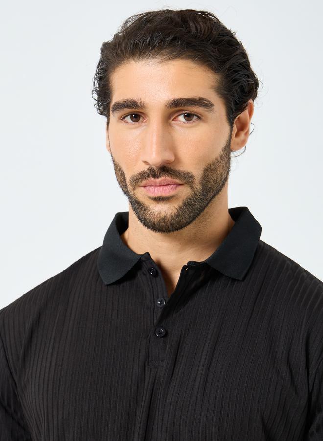 Styli Black Solid Regular Fit Polo T-Shirt - Image 4