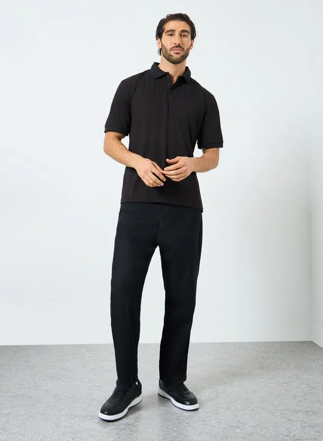 Styli Black Solid Regular Fit Polo T-Shirt