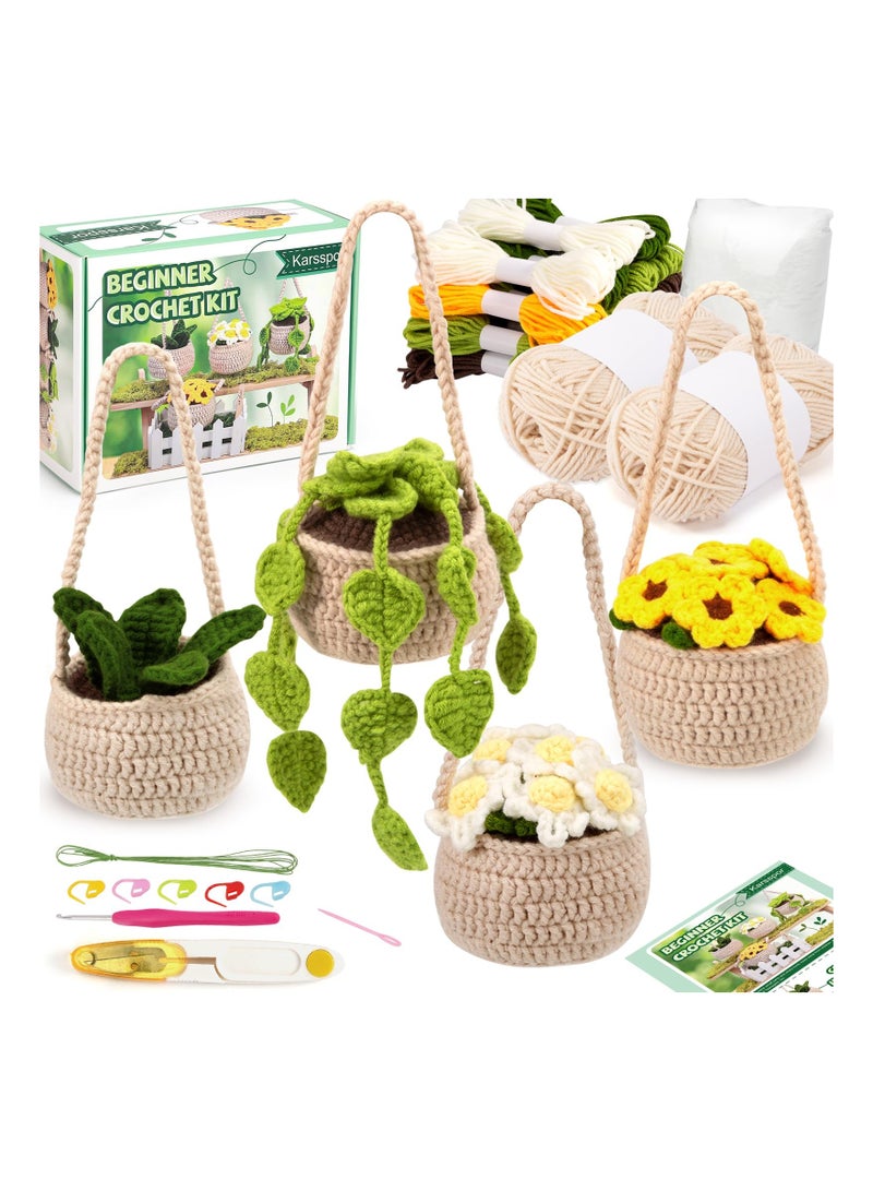 SYOSI 4PCS Beginner Crochet Kit for Hanging Plants, Crochet Potted Plant Kit Adult Crochet Kit with Easy Tutorials DIY Crochet Kit Hanging Plant Crochet Kit DIY Potted Plant Crochet for Adults Beginner  - Image 1