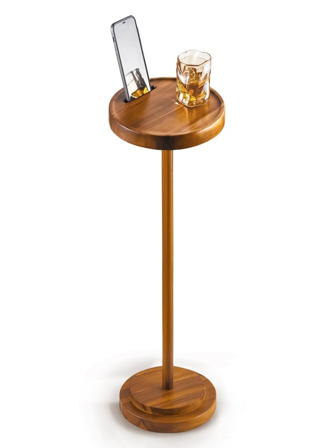 BLUEWEST Drink Table, 24.4" Tall Compact Side Table with Phone Slot and Weighted Base, Durable Pedestal Table Accent for Living Room (Acacia, Double Base) - Image 1
