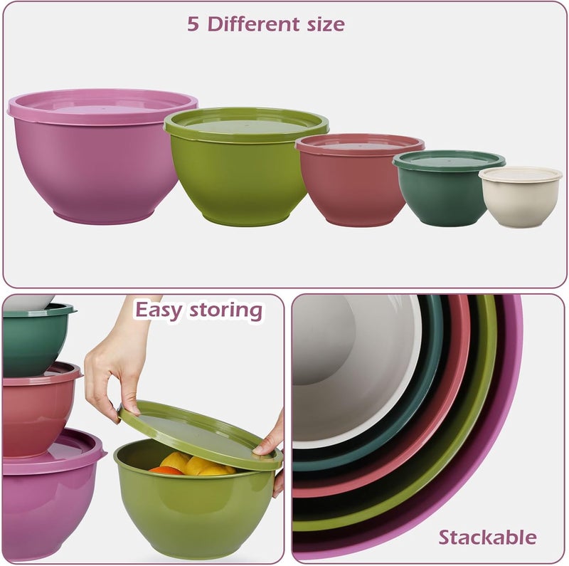 مجموعة أوعية خلط بلاستيكية من مع أغطية، أوعية متداخلة للتحضير والتقديم والطهي والخبز، وعاء سلطة كبير لتخزين المطبخ، آمنة للاستخدام في غسالة الأطباق والميكروويف، مجموعة من 5 قطع (أرجواني) - Image 5