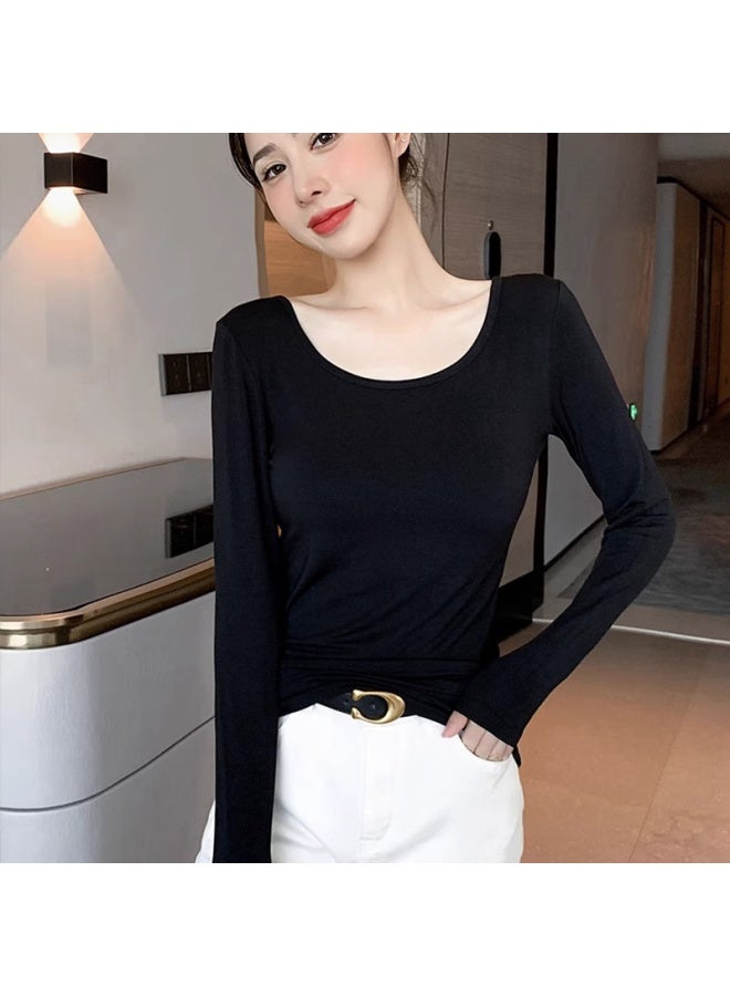 WOODPECKER Wood Modal Base Layer Women's Inner Wear, Double U-neck Long-sleeve T-shirt, Stylish Outer Wear Top, Thin Style, Iron Gray, L - Image 2