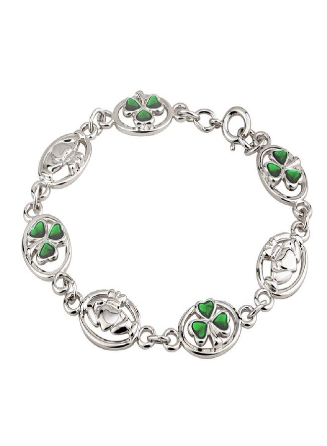 Claddagh & Shamrock Bracelet Rhodium Plating & Enamel Irish Made