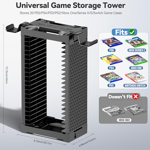 Kytok Video Game Storage Tower Holder with Controller Stand, Wall Mount Game Organizers and Storage for Nintendo Switch 2/ PS5/4/ XboxOne/Series, Vertical & Horizontal Stand for 20 Gaming Discs Accessories - Image 2