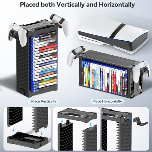 Kytok Video Game Storage Tower Holder with Controller Stand, Wall Mount Game Organizers and Storage for Nintendo Switch 2/ PS5/4/ XboxOne/Series, Vertical & Horizontal Stand for 20 Gaming Discs Accessories - Image 3